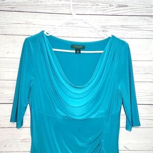 Ralph Lauren Teal Blue Dress 3/4 Sleeve Scoop Neckline Size 12